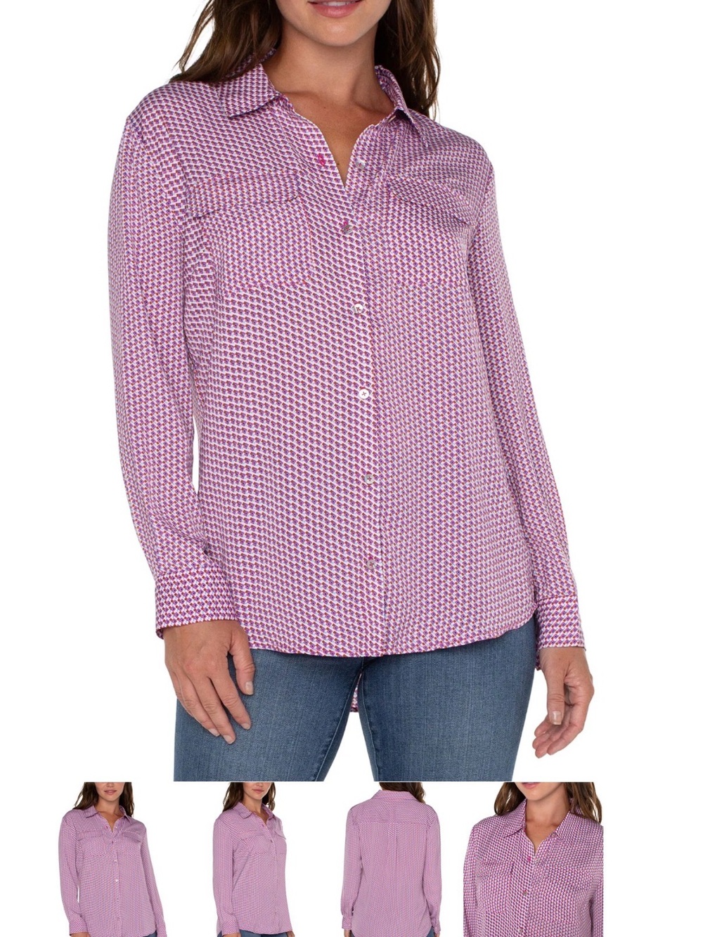 Liverpool NWT Button Down Blouse Pink Purple Print S or M